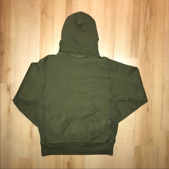 Champion Reverse Weave Classic Logo Patch Green Hoodie Sweatshirt - Picture 2 of 8